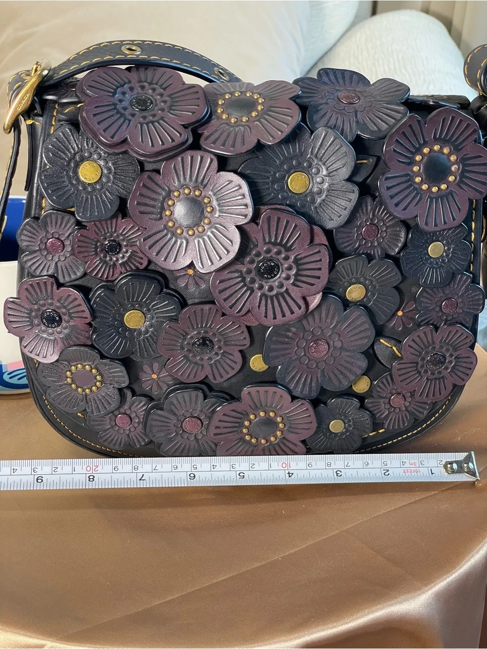 Coach 1941 Camellia Tea Rose Saddle Floral Appliqué Crossbody in Black & Plum